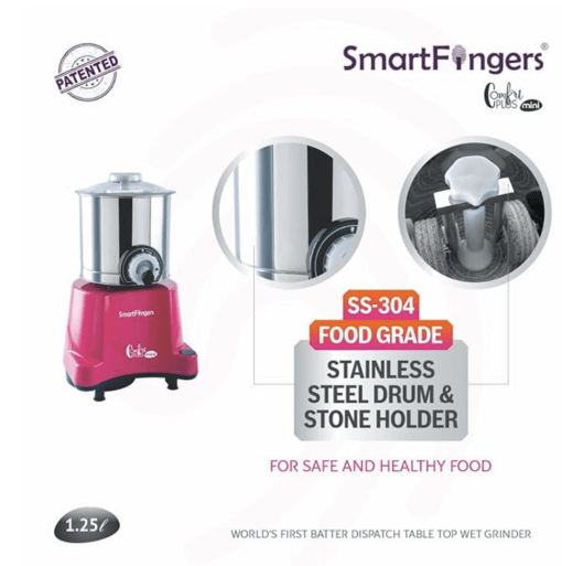 SmartFingers Comfort Plus Mini Table Top Wet Grinder 230V 50hz, 1.25 Liter, Pink - Image 2